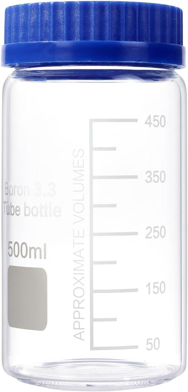 2 Pack 500 mL Wide Mouth Graduated Borosilicate Glass Bottle with GL70 Blue Polypropylene Screw Cap