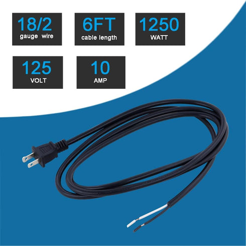 18AWG Replacement Power Cord Round Cable 2 Prong Polarized Plug 18 Gauge 120V Power Supply Cord SJT 18AWG 6 Foot Pigtail 2 Wire Stripped Off 10A 1250W Black Cord Open End Wire AC