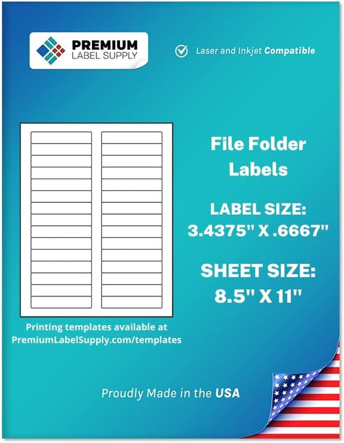 Premium Label Supply White File Folder Labels – 3.4375" x .667" – Laser/Inkjet Compatible – (30 Labels/Sheet), 100