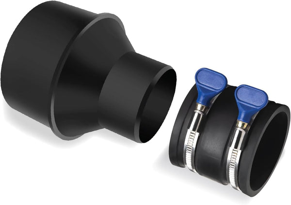 POWERTEC 70402 4" Hose to 2-1/2" Hose Cone Reducer with Dust Control Flex Cuff and Adjustable Key Hose Clamps