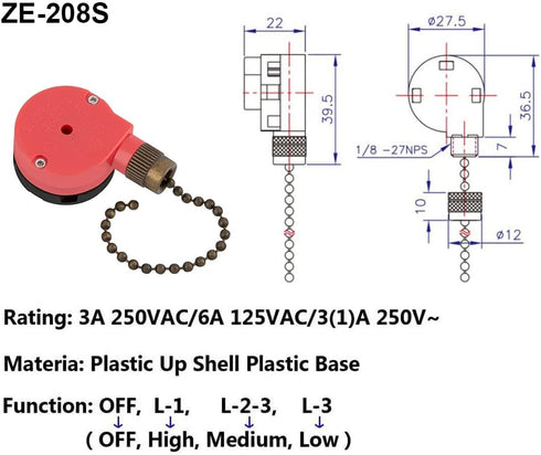 ZE-208s Ceiling Fan Switch, 3 Speed 4 Wire E89885 Pull Chain Switch Appliances Speed Control Ceiling Fan Replacement Part (Bronze Chain)