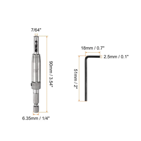 Self Centering Drill Bit Set 7/64", 1/4" Hex Shank Drilling Bits for Wood Working, Cabinet Door Hinge Hole Punch Tool Self Center with Hex Keys L-Shaped, Silver