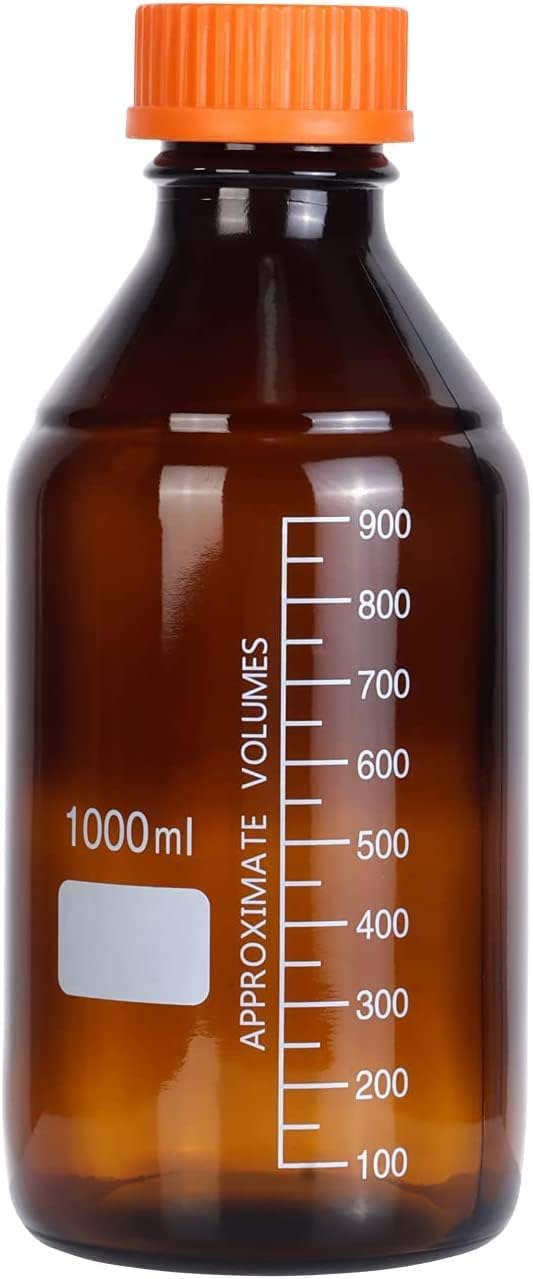 Lab Media Storage Amber Bottles, Brown Graduated Glass Container GL45 Screw Cap, Leakproof, Pack of 4, 1000ml