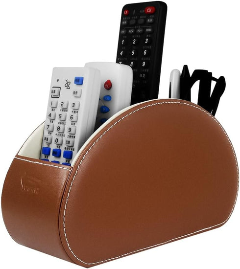 Remote Control Holder Organizer, Leather Storage with 5 Spacious Compartments for TV Remotes - Brown