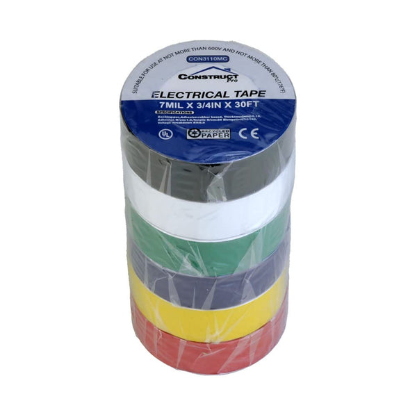 Construct Pro 3/4in x 30ft UL-Listed Electrical Tape, 6 Pack Multi-Color