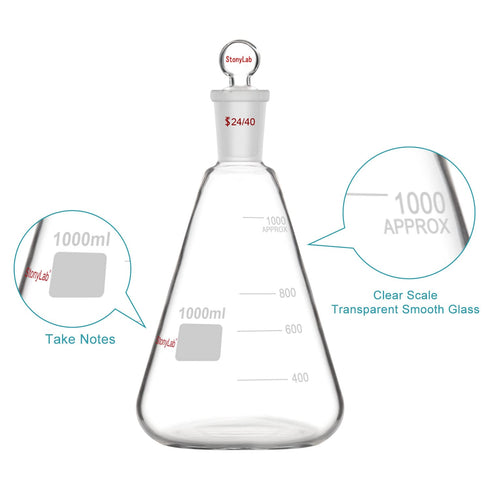 stonylab Glass 24/40 Erlenmeyer Flask with Stopper, 1000 ml Borosilicate Glass Heavy Wall Flask