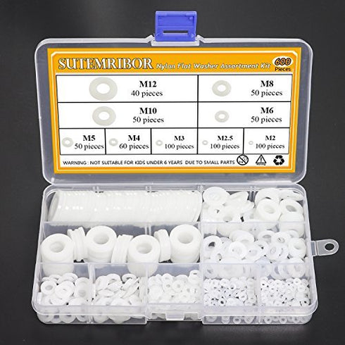 Nylon Flat Washer Assortment Set – 600 Pieces, 9 Sizes - M2 M2.5 M3 M4 M5 M6 M8 M10 M12