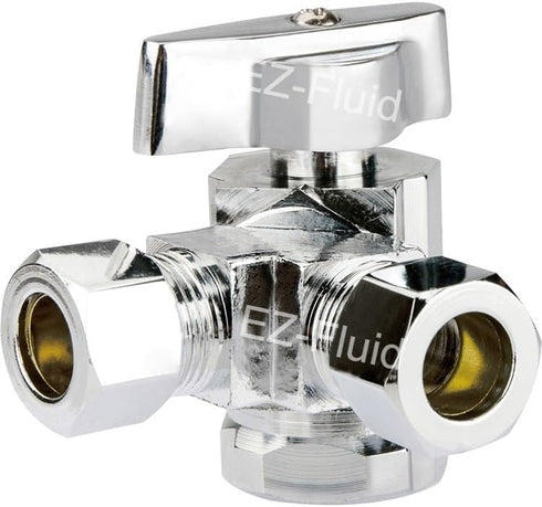 EZ-Fluid 1/2" Fip X 3/8" Comp X 3/8" Comp Heavy Duty Chrome Brass Angle Stop Valve, Water Shut Off Ball Valve (1)