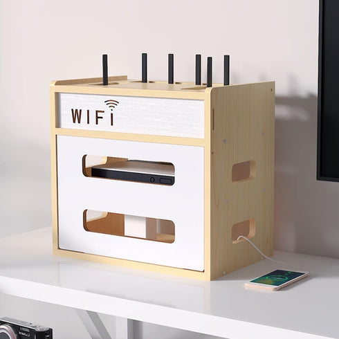Haiansan Wooden Router Shelf, Desktop WiFi Router Storage Box Modem Rack, Power Router Fences Standing Shelf Units