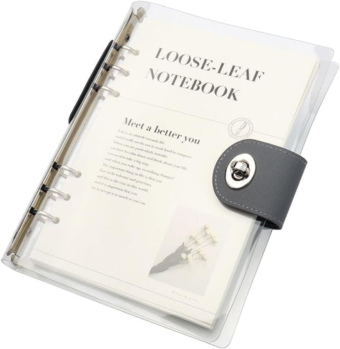 Clear A5 Refillable Notebook Binder with 90 Sheets Lined Paper, Silver 6-Ring Soft Transparent PVC Cover