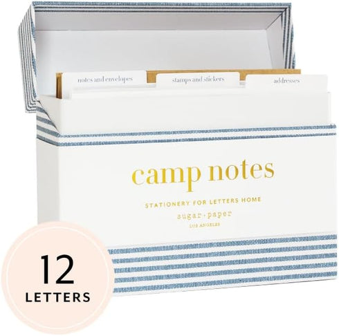 Sugar Paper Camp Notes Set, 12 Prompted Notes with Envelopes, 6.25" x 2" x 5" Storage Box with Dividers for Camp Letters