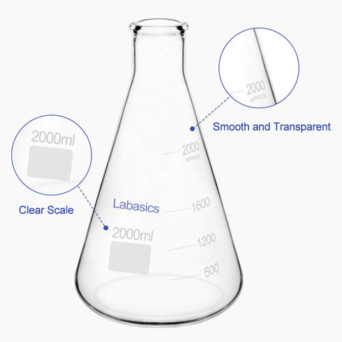 Glass Narrow Mouth Erlenmeyer Flask, 2 L Borosilicate Glass Heavy Wall Flask with Heavy Duty Rim