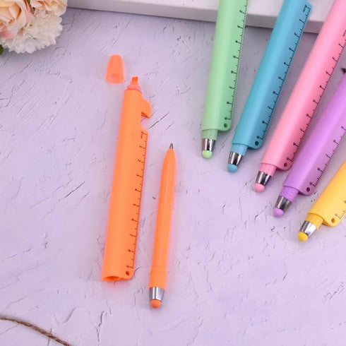 6 4-in-1 Highlighter9cm 6 PCS Multifunctional Pen - Blue Ink Ballpoint Pen, Ruler & Touch Screen Stylus, Assorted