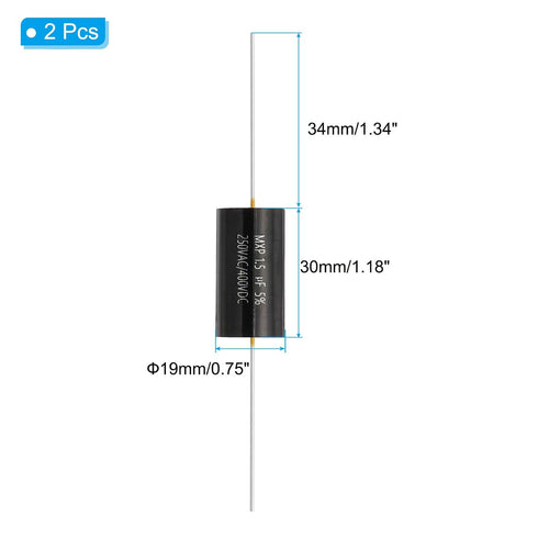 PATIKIL 1.5uF 250AC/400DC V CBB20 Capacitor, 2 Pcs Axial Audio Speaker Crossover Step-less Film Capacitor MKP Capacitor for Audio Equipment Appliances, Black