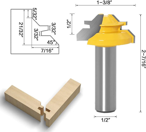 1/2" 45 Set, 3 Router Bit Degree Glue Joint Lock Miter, APlus Woodworking Cutter Tools Pcs