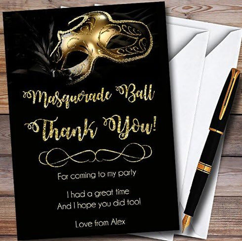 The Card Zoo Golden Glitter Mask Masquerade Ball Personalized Party Thank You Cards