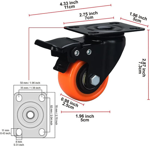 Casters, 2" Caster Wheels, Orange Polyurethane Castors, Top Plate Swivel Wheels, Casters Set of 4, Locking Casters for Furniture and Workbench, Heavy Duty Casters, 4 Pack Casters with Brake