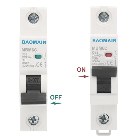 Baomain 6A AC Miniature Circuit Breaker, 1 Pole Circuit Breaker AC 400V 50Hz 6000A, C65 MCB DIN Rail Mount, MBM6C-1P