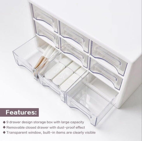 Desk Storage Organizer with 9 Drawers, MYKASEN Clear Plastic Storage Cabinet, Stackable Box for Makeup, Office Supplies