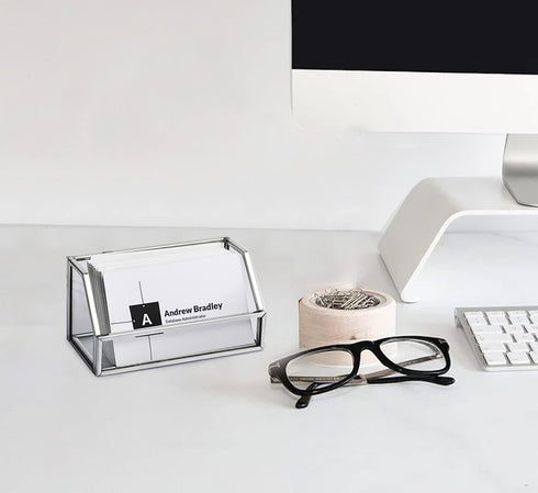 Feyarl Glass Business Card Holder Stand Gold Office Name Card Display Business Card Organizer Storage for Office Desktop Countertop (Silver)