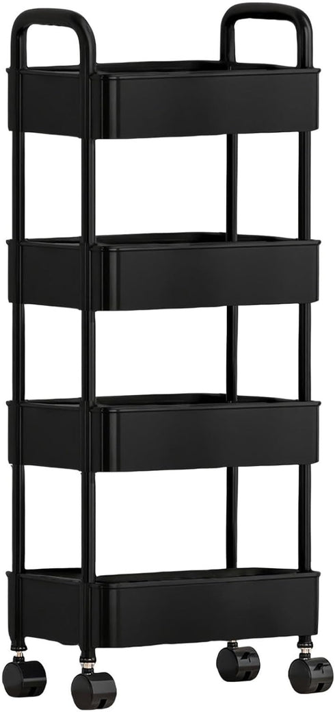 4 Tier Rolling Cart with Wheels, Black Kitchen Cart, Bathroom Carts with Handle, Bedroom Storage Carts, Plastic Storage