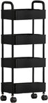 4 Tier Rolling Cart with Wheels, Black Kitchen Cart, Bathroom Carts with Handle, Bedroom Storage Carts, Plastic Storage