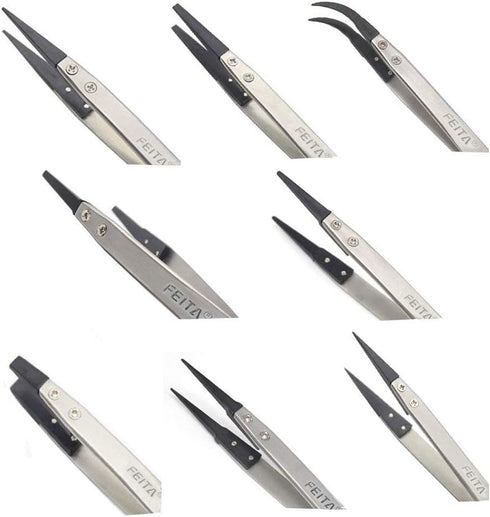 FEITA Precision Tweezer Set - Antistatic Replaceable Fiber Tip Stainless Steel ESD Tweezers, 8 Pcs