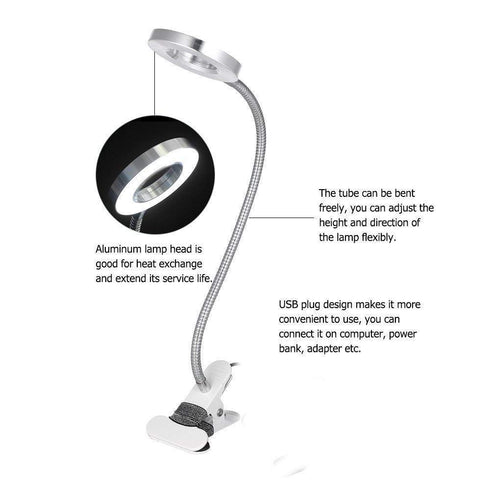 Pinkiou Clip on Desk Lamp with Clamp for Night Reading, Nail Art, Makeup, 360 Flexible Gooseneck LED USB Light