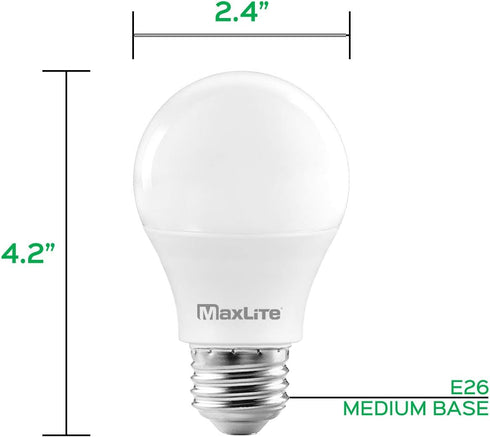 MaxLite A19 LED Bulb, 60W Equivalent, 800 Lumens, Dimmable, 5000K Daylight, E26 Medium Base, 4-Pack