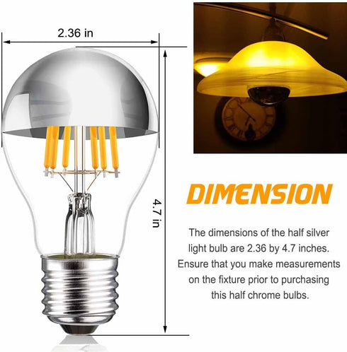 Half Chrome Light Bulb, 6W (60 Watt Equivalent), Dimmable Silver Tipped, A19 Decorative LED Bulb, 2 Pack