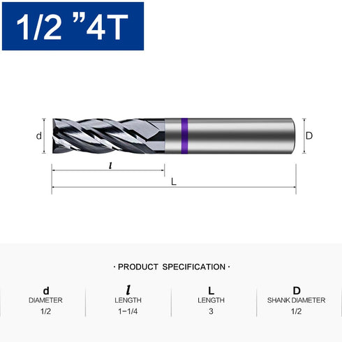 1/2" Carbide Square End Mill 4 Flute - CNC Router Bit for Aluminum, Steel, Brass - 1/2" Shank, 1-1/4" Cut, High