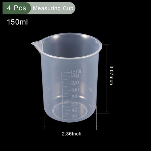 YOKIVE 4 Pcs Plastic Graduated Beaker, Laboratory Use | Liquid Measuring Cup, Great for Lab, Kitchen, Daily Use (Clear White, 150ML)