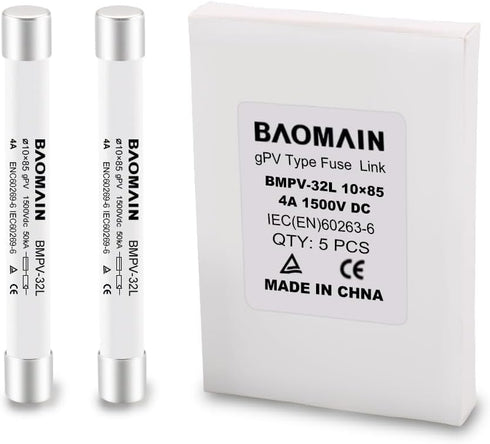 Baomain 5 Pack 1500VDC Solar PV Fuse gPV-Type Fuse Link 10 x 85 mm 50kA Photovoltaic Fuses BMPV-32L CE (4 Amp.)