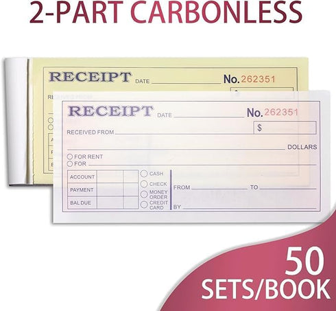 XKDOUS 2 Pack 2-Part 2-3/4" 6-1/2" 50 Sets Money and Rent Receipt Book, Carbonless, x Receipt Book for Small Business