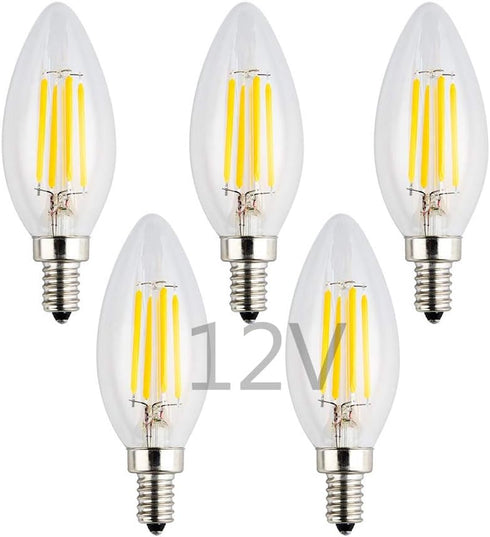 12V/24V DC LED Candle Bulb, Dimmable, 4W 400Lm, 2700K Warm White Light, E12 Small Base, 5 Pack