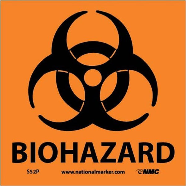 NMC S52P Warning Sign, "BIOHAZARD", 7" x 7", Pressure Sensitive Vinyl, Black on Orange