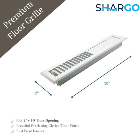 Precision Flow 2"x 10" Steel Floor Register, 2 Way Louvered Design in Glacier White Finish for Home Vent Covers