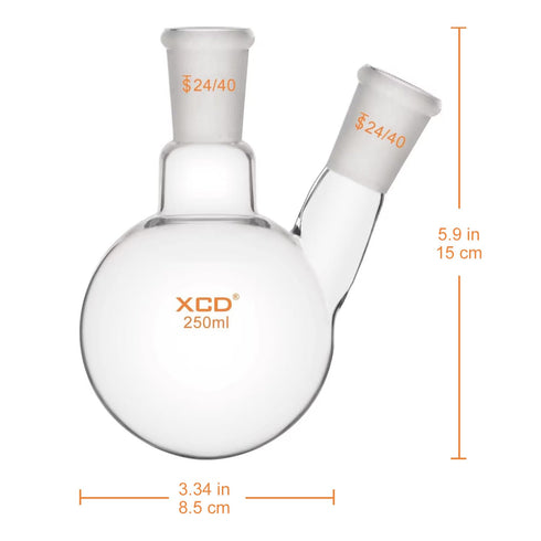 XCD Borosilicate Glass 2-Neck Round Bottom Boiling Flask, 250 ml with 24/40 Center and Side Standard Taper Outer Joint