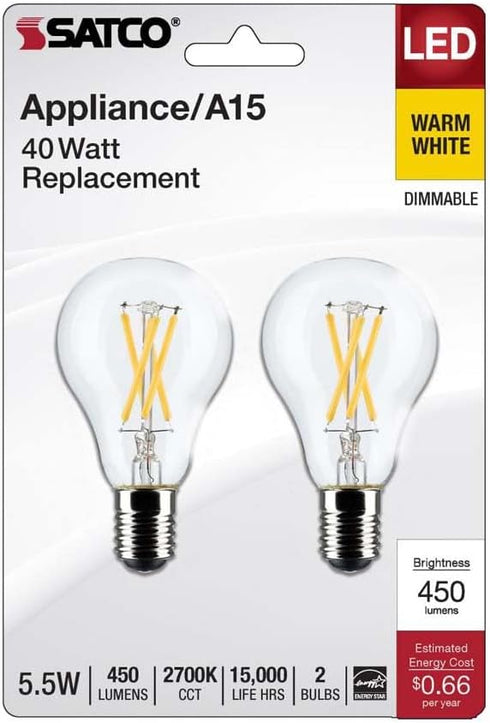 Satco S21872 5.5W A15 LED Bulb, Clear, Intermediate Base, 2700K, 450 Lumens, 2-Pack