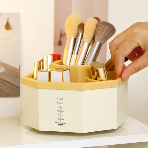 kaileyouxiangongsi 360-Degree Rotating Desk Organizer, 5 Compartments, Multi-Functional Storage Box, White+Yellow