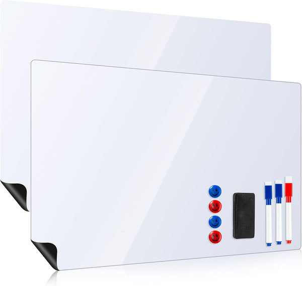 Magnetic Dry Erase White Boards for Refrigerator, 2 Pack 17”x12” Menu Organizer Boards with Markers and Eraser