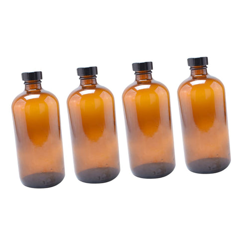 4pcs Refillable Brown Glass Boston Round Bottles Lid Mouthwash Dispenser Syrup Dispenser