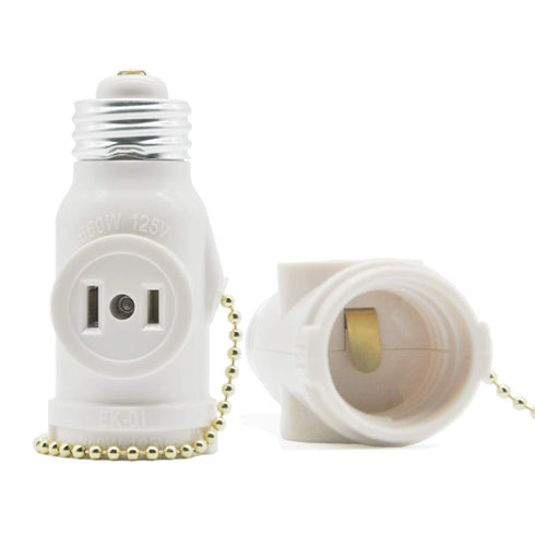 2 Outlet Light Socket Adapter,E26 Bulb Socket to Outlet Splitter,Converts Medium Screw Socket into a Socket with Two outlets,Polarized Outlet,with Pull Chain Switch. UL Listed, White (4-Pack)