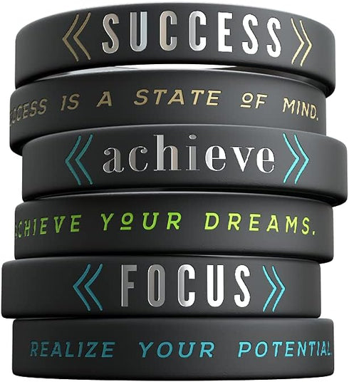 Inkstone 6-Pack Motivational Silicone Wristbands - Success, Achieve, Focus - Adult Unisex Size for Men Women
