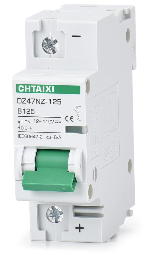 12V-110V DC Miniature Circuit Breaker, 125 Amp 1 Pole Battery Breaker Protector for Solar PV System and RV, DIN Rail