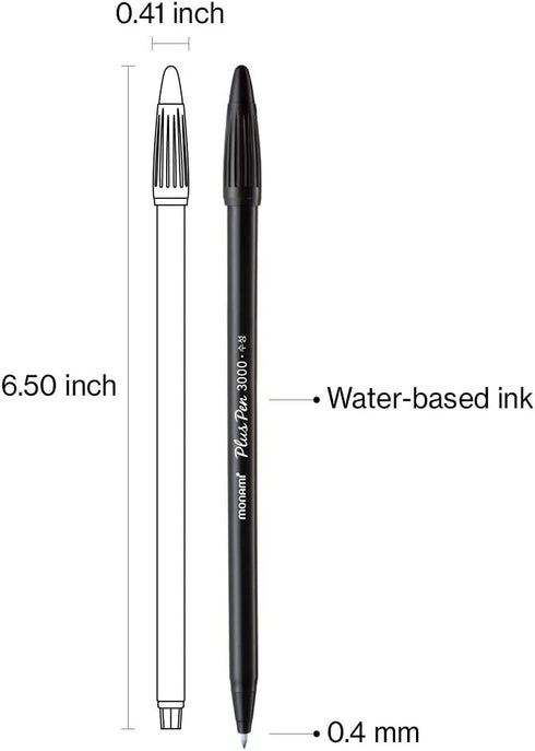 MONAMI Plus Pen 3000 Felt Tip Pens, Fine Point (0.4mm), Black, 12-Count for Writing/Journaling