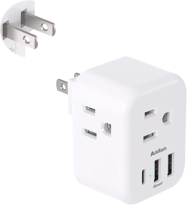 Addtam US to Japan Plug Adapter, 2 Prong to 3 Prong with 3 AC Outlets, 3 USB Ports for Travel Power Plug