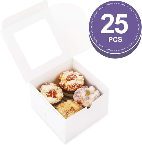 25 White Bakery Boxes with Window, 5x5x3.5 Inches, Dessert Boxes for Small Bakery, Cookies, Pastry, Party Favors
