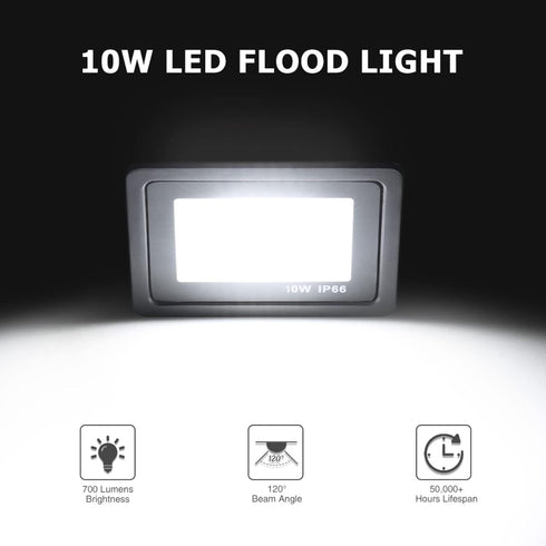 10W LED Flood Lights Outdoor, 700Lm Ultra Thin Work Light, IP66 Waterproof Fixture, 120 Beam Angle for Garden Yard