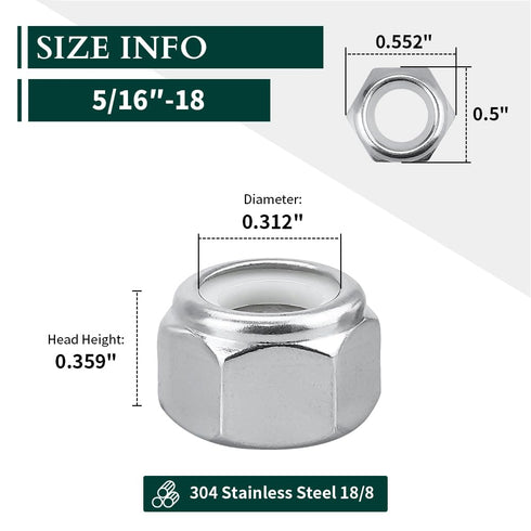 5/16-18 Nylon Insert Hex Lock Nuts – Stainless Locknuts, Hex Drive, 304 Stainless Steel, Pack of 50